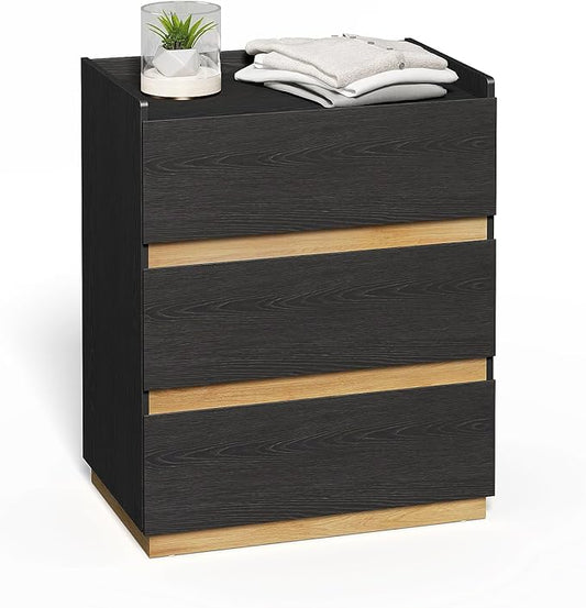 Large Modern Nightstand Black Bedside Table, 3 Drawer Dresser Wood Stackable Storage Drawers for Clothes for Closet, Bedroom, 24"x16"x29"