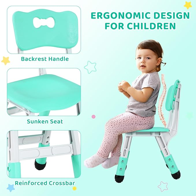 Arlopu Kids Table and 6 Chairs Set, Height Adjustable Graffiti Desk, Preschool Activity Art Craft Table, for Daycare Classroom Home Boys and Girls Age 3-12 (Light Green)