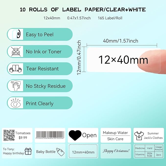 D30 P15 HP4 Label Maker Tape Refills, Non-encrypted Replacement Labels, High Definition Thermal Label Tape for Home/Office/School,12x40mm(0.47x1.57 in)1650 Labels/10Rolls, 5 Rolls Clear, 5 Rolls White