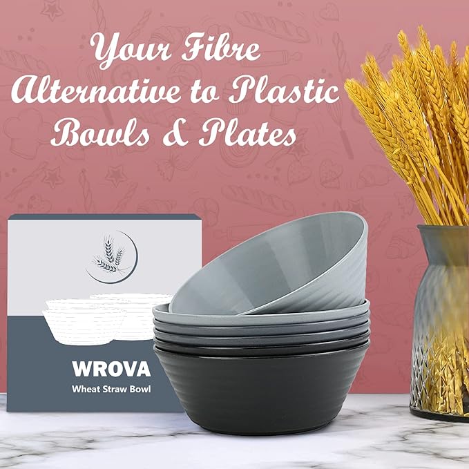 Wheat Straw Bowl Sets,6 PCS Unbreakable Cereal Bowl 36 OZ,Microwave and Dishwasher Safe Bowls,Salad Bowls for Camping,Rv,Apartment,Dorm,Party (Black Grey)