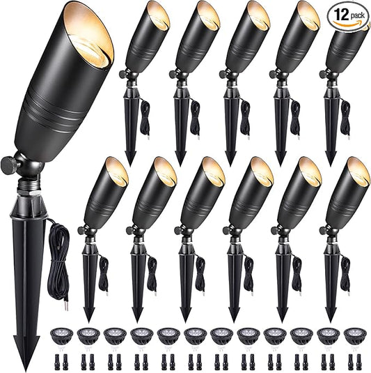 Die-Cast Brass Spot Light Outdoor - 12V LED Uplighting Waterproof, Low Voltage Landscape Lights Direct Wire, Black for Fence Fountain with Daytime White MR16 Replaceable Bulbs (12 Pack)
