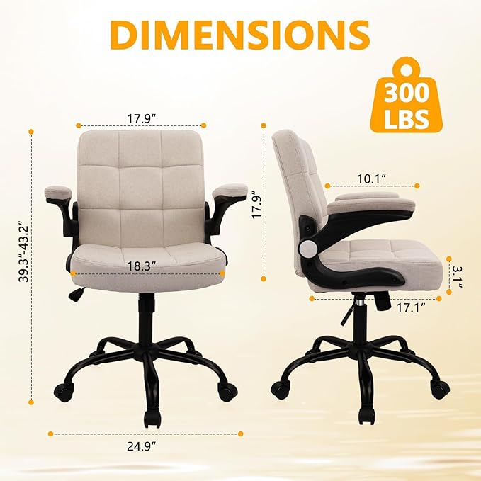 CLATINA Fabric Office Chair Ergonomic Cloth Linen Swivel Desk Chair with Back Support and Padded Flip up Armrests, Executive Rolling Computer Task Chairs for Work, Conference, Home, Study, Beige