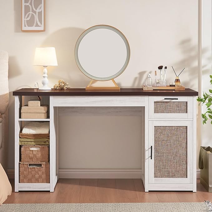 SEDETA 55.1" Rattan Office Desk with Drawers, Computer Desk with Drawers & Storage Cabinet, Farmhouse Home Office Desk with Storage, Wood Writing Desk with Power Outlets for Home Office, White