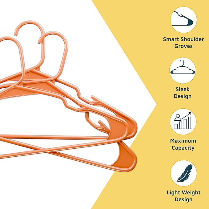 Plastic Clothes Hangers – Heavy Duty Hanger Set, for Organizing Clothes, Dresses, and Coat, Holds Up to 5 lbs, Space-Saving Hangers with Non-Slip Shoulder Grooves, Pack of 5, Orange