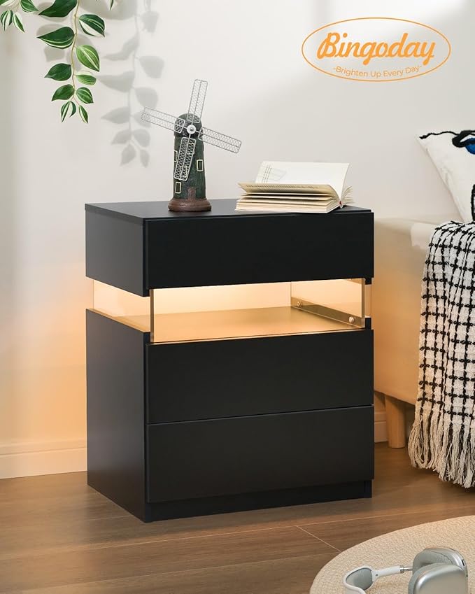 Bingoday LED Nightstand 3 Drawers Nightstand with LED Lights Tall Nightstand for Bedroom LED Bedside Tables for Bedroom Living Room