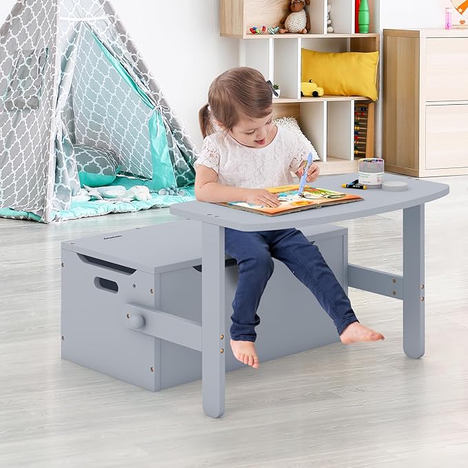 Costzon Kids Table and Chair Set, Convertible Toy Storage Bench with Built-in Handle for Kindergarten, Preschool, Kids Room, Playroom, Wood Reading Nook for Toddler Boys Girls Ages 3 to 7 (Grey)