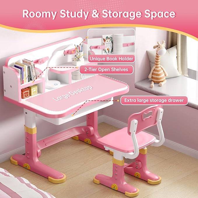 Kids Desk and Chair Set, Height Adjustable Child's School Study Writing Tables, Kids Desk with Bookstand and Storage Drawer, Widened Desktop with Desktop for Boys and Girls