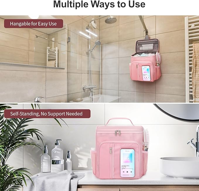 F-color Shower Caddy Dorm - College Dorm Essentials for Guys with Hooks, Quick-Dry Shower Caddy Portable for Travel Essentials, Water-Resistant with Multiple Pockets for Easy Access, Pink