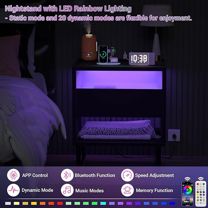 Black Nightstand with LED Lighting & Outlet & Drawer Light Modern Bedside Table with Charging Station, Drawer and Shelf for Bedroom Dorm Room Decor 18.89x15.74x21.25
