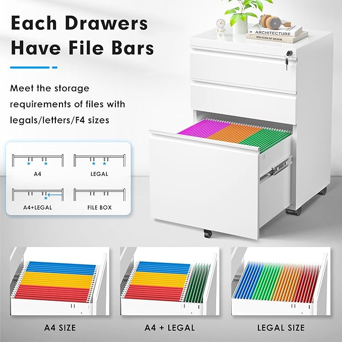 Greenvelly 3 Drawer Mobile File Cabinet with Lock, Fully Assembled Rolling File Cabinet Except Casters, Under Desk File Cabinet with Wheels for Home Office Fit Legal/Letter/A4 File (Assembled, White)