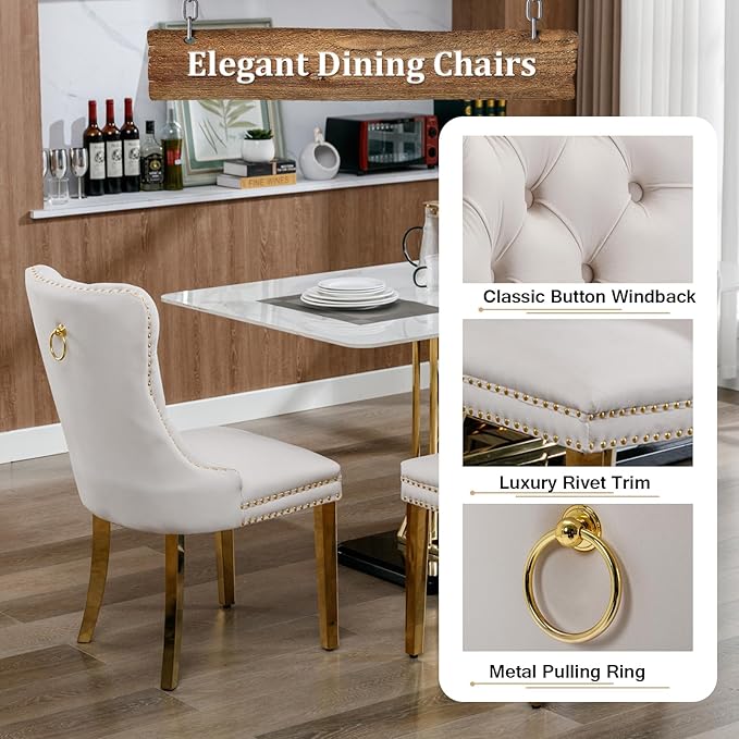 Goujxcy Small Round Dining Table Set for 4, Modern Glass Kitchen Table Chairs Set of 4, 5-Piece Dining Table Set w/36 Circle Gold Glass Dining Room Table and 4 Beige Upholstered Dining Chairs