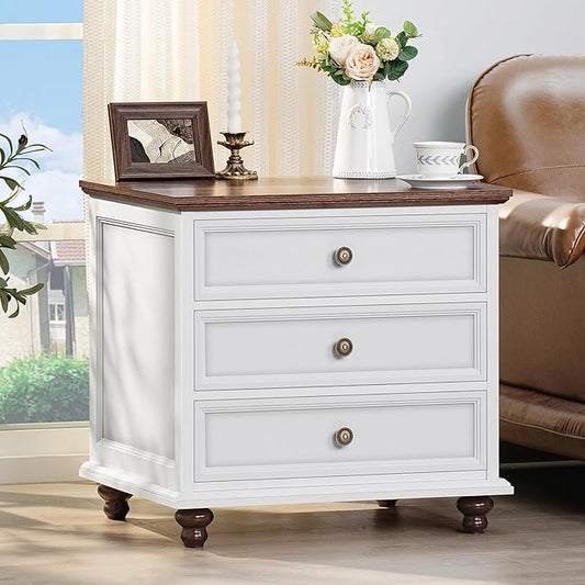24" Wide Farmhouse Night Stand,Large End Table with 3 Drawers & Metal Handle,Wood Dresser for Bedroom, White Bed Side Table Chest of Drawers Cabinet,Nightstand for Living Room,Closet