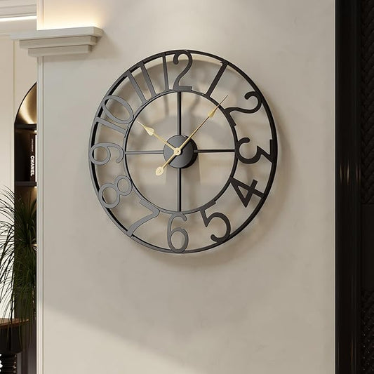 Large Wall Clock, 24 Inch Black Decorative Wall Clock for Living Room, Modern Metal Battery-Operated Arabic Numerals Round Clocks Silent Non Ticking for Kitchen Mantel Bedroom Office