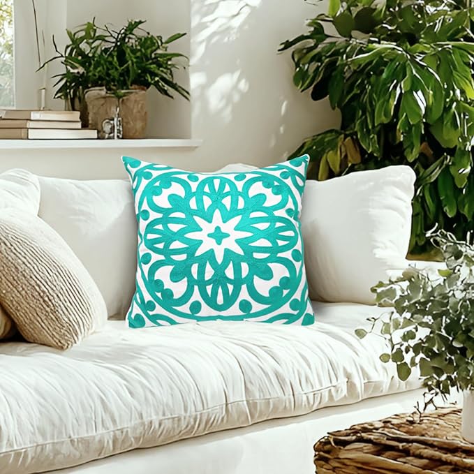 Alysheer Embroidered Decorative Throw Pillow Cover 18" x 18", Classic Modern Stylish Mandala Turquoise Embroidery Patterned Cotton Aqua Green Cushion Case for Sofa Couch Bed Living Room Decor