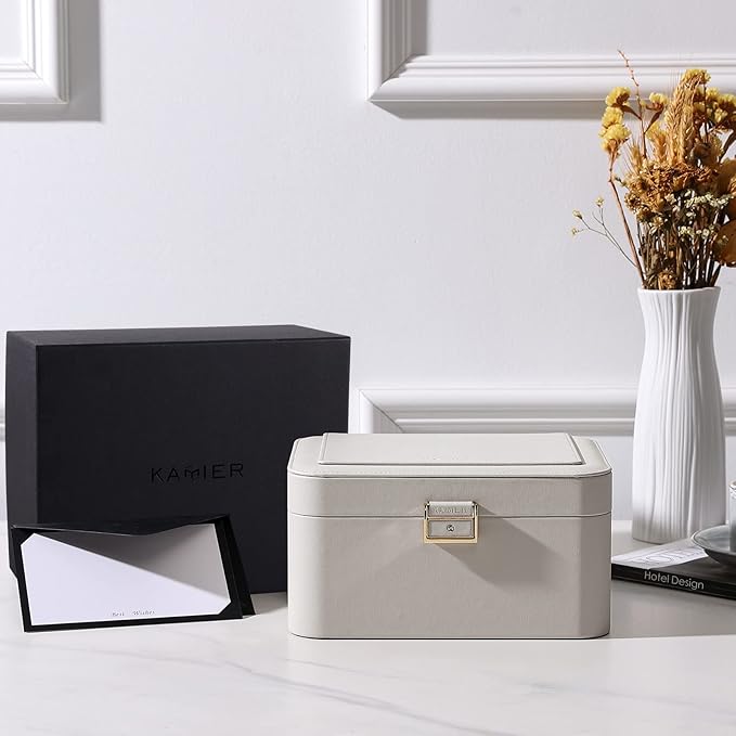 KAMIER Jewelry Box, 2 Layers PU Leather Jewelry Organizer Box, Large Capacity, Double Lock and Large Mirror, Hidden Necklace Hooks, Removable Dividers, Grey