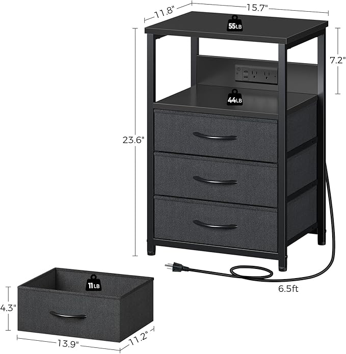 Seventable Nightstand with Charging Station and LED Light, Side Table with 3 Fabric Drawers, Bedside End Table with USB Ports and Outlets, Night Stand for Bedroom, Black