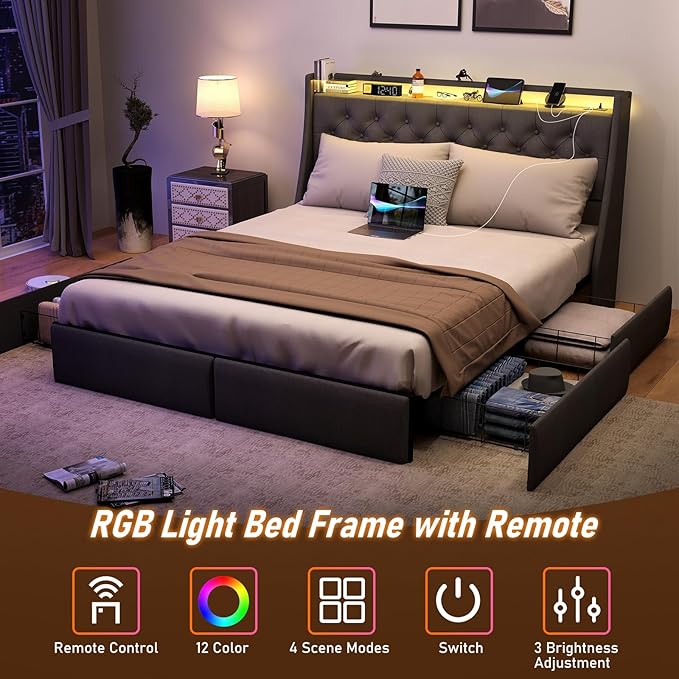 SADENICEL Full Size Bed Frame with Storage Headboard and 4 Drawer, Metal Full Bed Frame Platform with LED Light, Charging Station, No Box Spring Needed, Noise Free, Easy Assembly, Grey