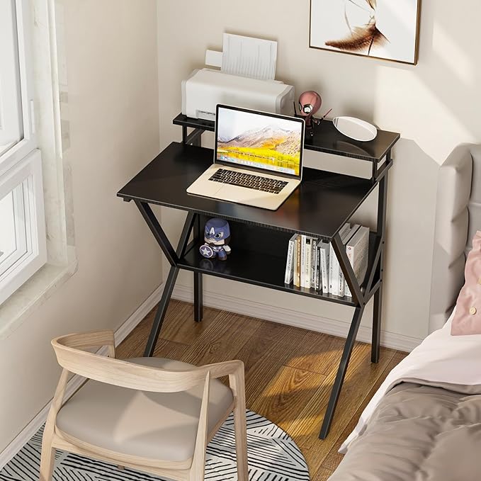 ODK Small Desk, 27.5 Inch Computer Desk for Small Spaces, Compact Desk with Storage, Study Table with Monitor Stand for Home Office, Black