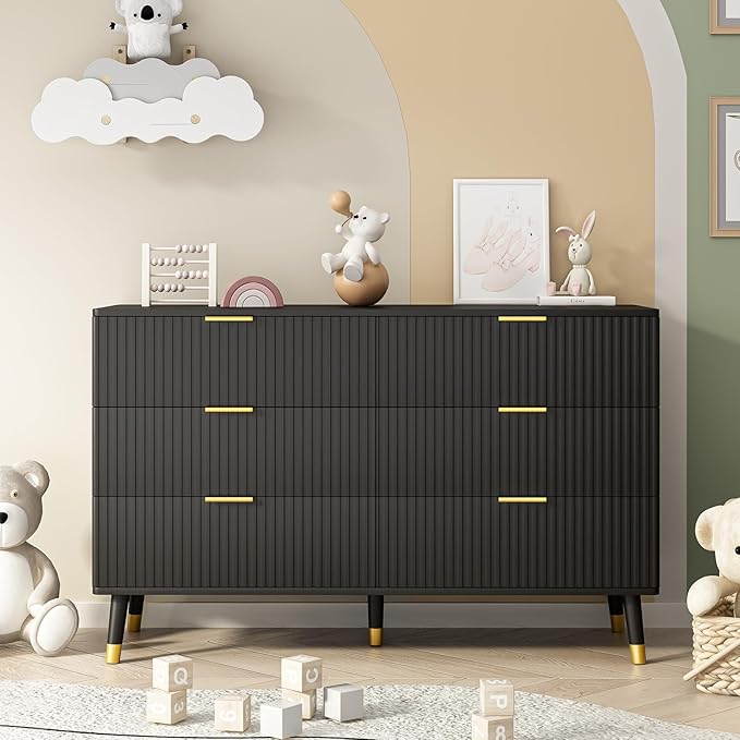 Black Dresser, Fluted 6 Drawer Dresser for Bedroom, Wooden Modern Chest of Drawers with Gold Metal Handles, Black