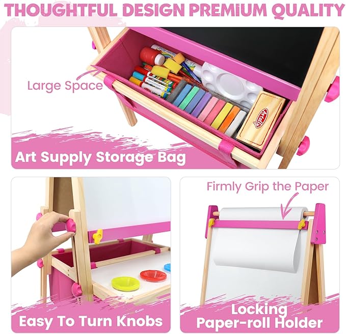 Art Easel for Toddlers Kids, Adjustable Standing Art Easel with Magnetic Chalkboard & Whiteboard, Dry-Erase Board, Paper Roll, Drawing & Painting Easel for Kids Ages 3 4-8 9-12, Pink w/Bag