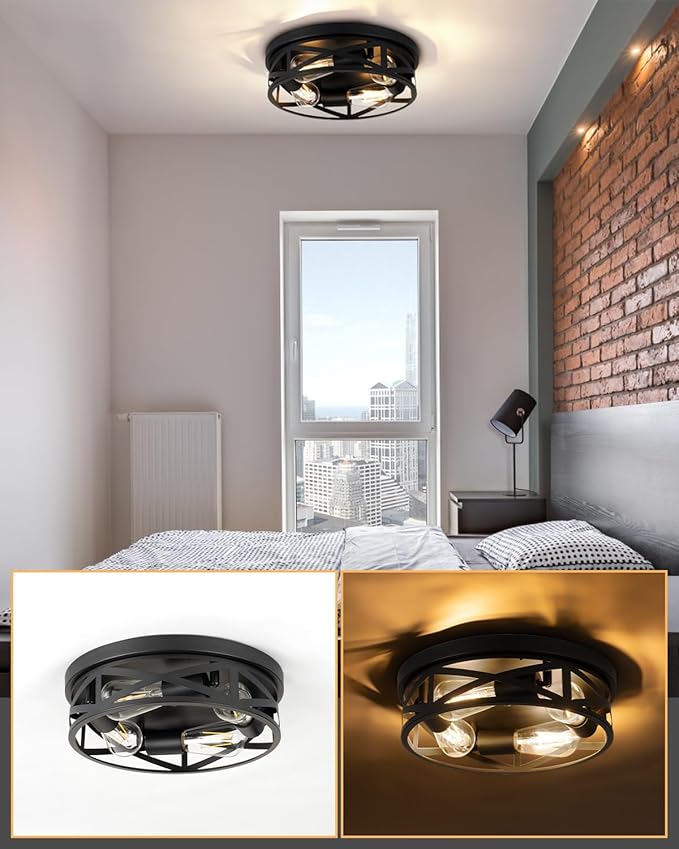 13 Inch Close to Ceiling Light Fixtures, 2 Pack Farmhouse Flush Mount Ceiling Light 4-Lights, Black Metal Cage Semi Flush Mount Ceiling Light for House Hallway Kitchen Bedroom