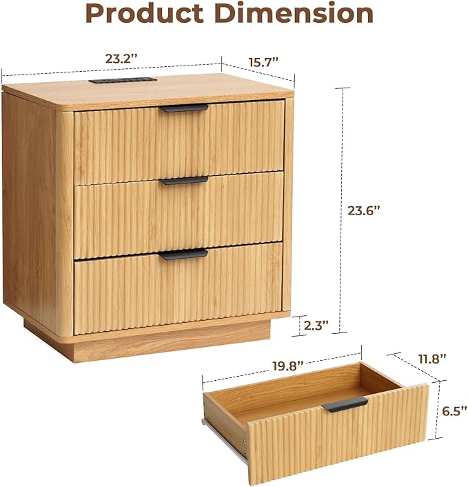 HOMMPA 24'' Fluted Nightstand with Charging Station Set of 2, Modern Bedside Table with Storage, 3 Drawer End Table, Wooden Bedside End Table for Bedroom, Living Room, Curved Profile Design