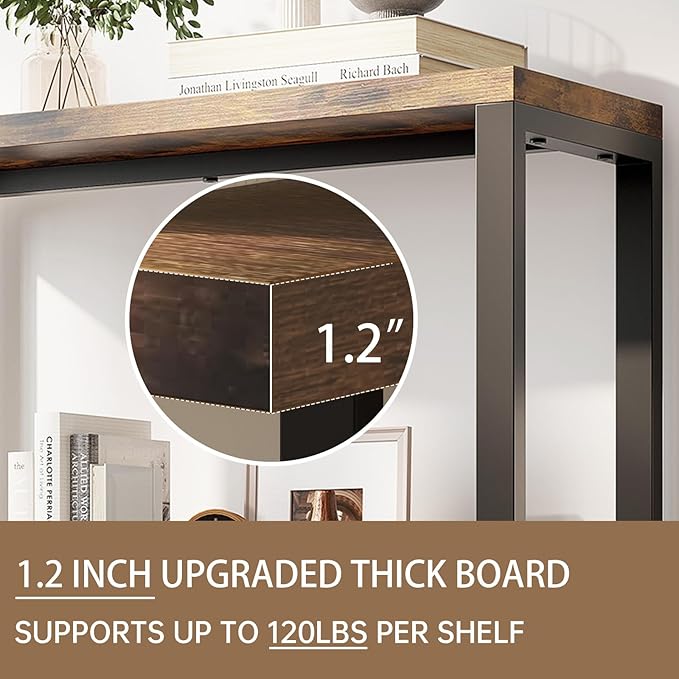 3-Tier Adjustable Heavy Duty Bookshelf, Industrial Wooden Open Storage Rack with Black Metal Frame, Vintage Bookcase with Lock Wall Design, Rustic Brown
