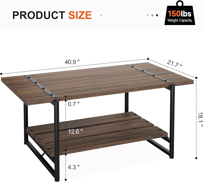 2-Tier Farmhouse 41'' Large Gray Wood Coffee Table with Storage Shelf -Modern Rustic Metal Rectangle Center Living Room Coffee Table Accent Furniture for Home Office,Easy Assembly(Walnut Brown)