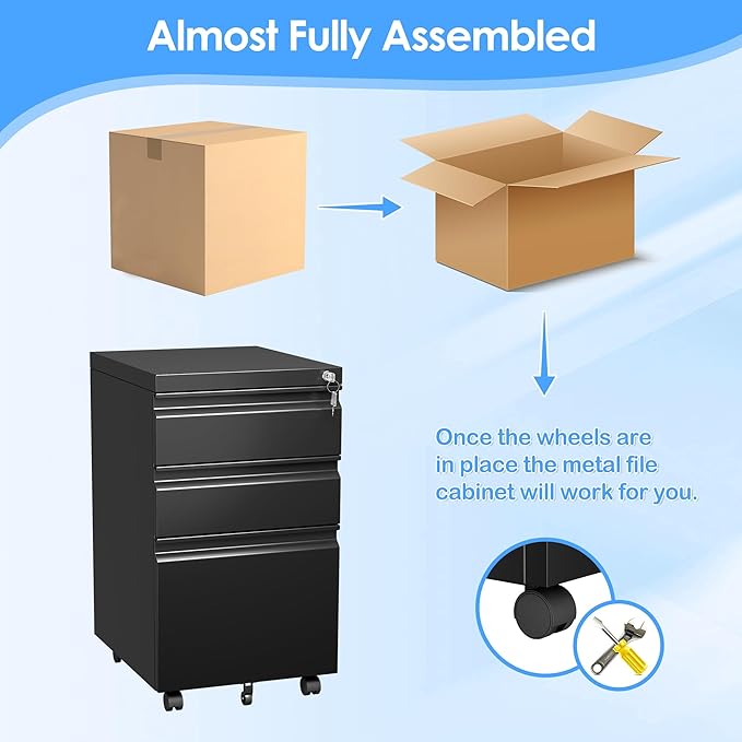 3 Drawer Under Desk Mobile File Cabinet with Lock, Metal Storage Cabinet for Office & Home, Legal/Letter Size, Fully Assembled Except Wheels, Black