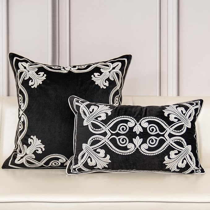 Aeckself European Floral Pillow Cover 20x20 Inch, Luxury Velvet Embroidered Decorative Throw Pillow Cover for Couch Bedroom Living Room, Black and White