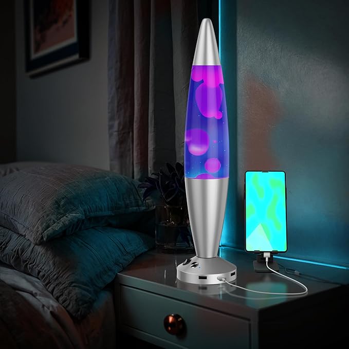 JAMBO Upgraded Motion Lamp – 16" Blue Liquid, Purple Wax – USB Ports, Timer – Night Light for Adults, Teens, Kids – Bedroom, Living Room, Office Décor Lamp