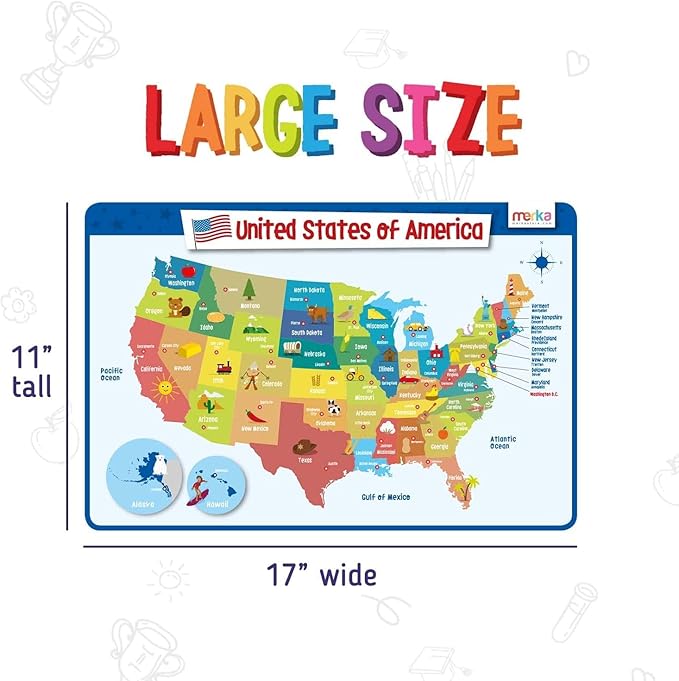 merka Placemats for Kids, 4 Pack Educational Placemat Mat for Dining Table, Non Slip, Washable Reusable, Learning US Presidents, Famous People, Periodic Table of Elements & USA Map v2