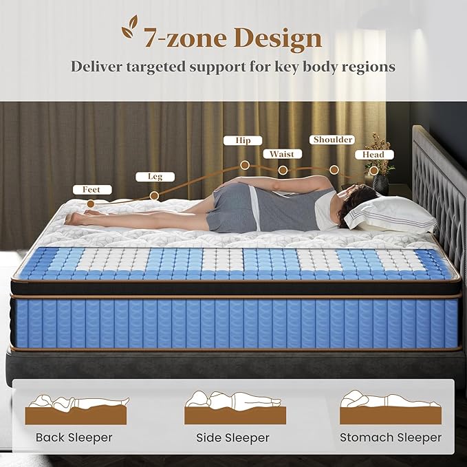 King Mattress 10 Inch, Cooling Hybrid Bed in a Box, Individual Pocket Springs, Motion Isolation, Targeted Hip/Shoulder/Lumbar Support, Fiberglass-Free, Ergonomic Zones, 365-Night Trial, CertiPUR-US