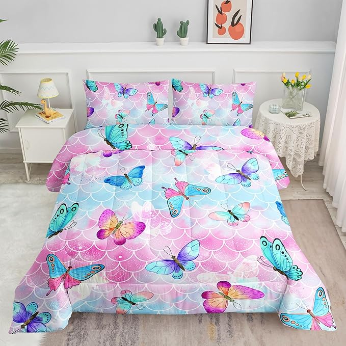 Kids Comforter Set Mermaid Scale Butterfly Printed Pattern Bedding Set with 1 Comforter and 2 Pillowcases for Girls Boys Bedroom All Season(Mermaid Full)