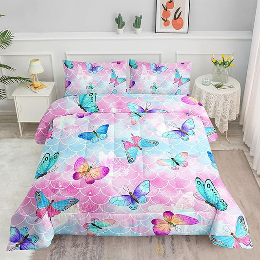 Kids Comforter Set Mermaid Scale Butterfly Printed Pattern Bedding Set with 1 Comforter and 2 Pillowcases for Girls Boys Bedroom All Season(Mermaid Queen)