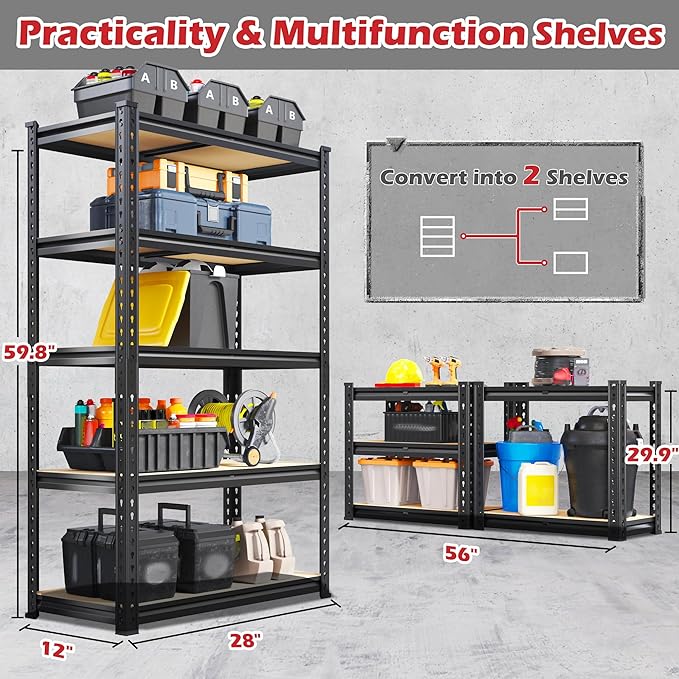 REIBII Storage Shelves 2020LBS Garage Shelving Heavy Duty 5 Tier Metal Shelving Units for Storage Adjustable Utility Shelf Rack for Kitchen Warehouse Basement 28" W x 12" D x 59.8" H, 3 Pack