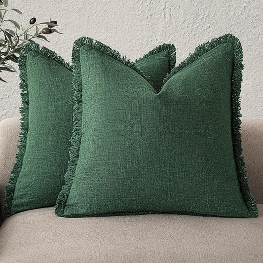 Foindtower Set of 2 Decorative Linen Fringe Throw Pillow Covers Cozy Boho Farmhouse Cushion Cover with Tassels Soft Accent Pillowcase for Couch Sofa Bed Living Room Home Decor, 18×18 Inch, Pine Green