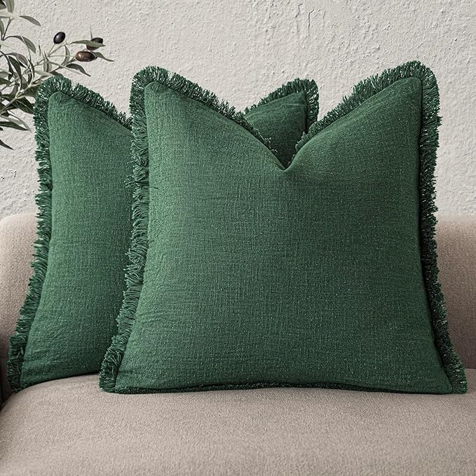 Foindtower Set of 2 Decorative Linen Fringe Throw Pillow Covers Cozy Boho Farmhouse Cushion Cover with Tassels Soft Accent Pillowcase for Couch Sofa Bed Living Room Home Decor, 22×22 Inch, Pine Green