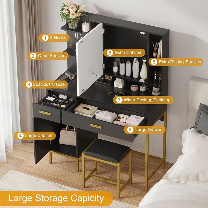 IDEALHOUSE Vanity Desk with Mirror and Lights, 42.5" Makeup Vanity Set with Stool, Makeup Table with Mirror Cabinet and Chair, Drawers & Shelves, Dressing Table with Outlet for Bedroom, Black