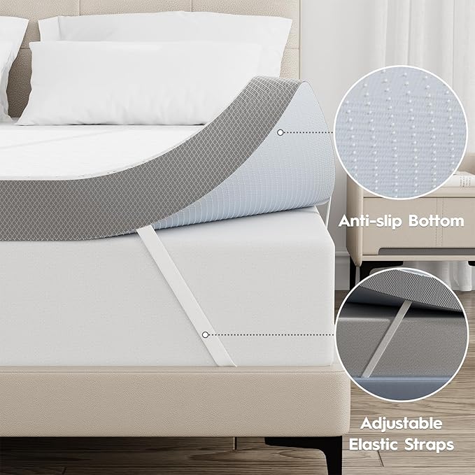 3 Inch Cooling Mattress Topper King, Ice Silk with Gel-Infused 40D Memory Foam Mattress Topper with Removable Soft Cover, Pressure Relief & Non-Slip (White, King)