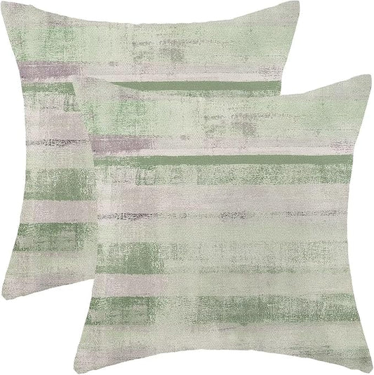 Boho Green Grey Stripe Throw Pillow Covers 18x18 Inch Set of 2, Rustic Abstract Decorative Throw Pillow Covers Retro Stripe Linen Outdoor Cushion Cover for Sofa Couch Farmhouse Room Bed Decor