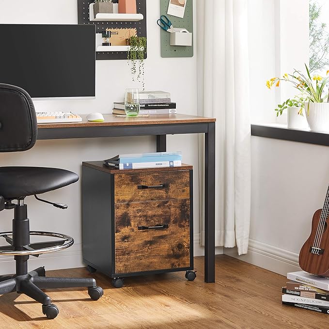 VASAGLE 2 Drawers File Cabinet for Home Office, Printer Stand with Wheels, for A4, Letter Sized Documents, Hanging File Folders, Rustic Brown and Ink Black UOFC042B01V1