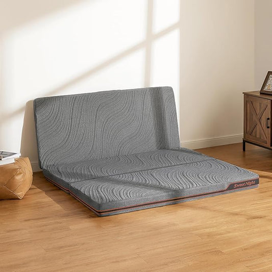 Sweetnight Trifolding Mattress with Storage Bag - 4 Inch Grey Full Size Memory Foam Mattress with Washable Cover | Foldable Memory Foam Topper Portable for RV, Travel, Guest Bed