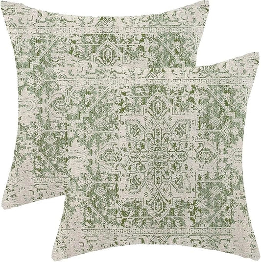 BETGINY Spring Sage Green Ethnic Boho Throw Pillow Covers 16 x 16 Inch Pack of 2, Bohemian Carpet Pattern Decorative Pillow Cases Vintage Outdoor Linen Farmhouse Cushion Case for Home Sofa Decor