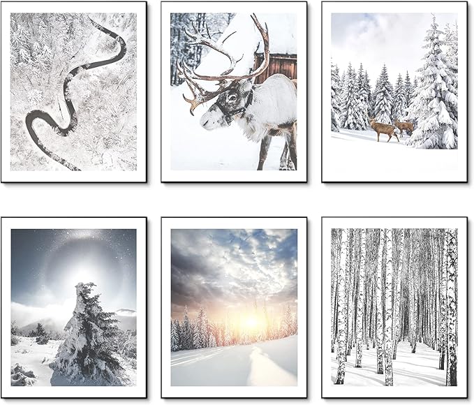 HoozGee Winter Wall Art Prints Set of 6 Canvas Print Artwork Sun Poster Ice Lake Snow Forest Frost Deer Pictures Photography Photo Bedroom Art Wall Decor (8"x10" UNFRAMED, Winter Art)