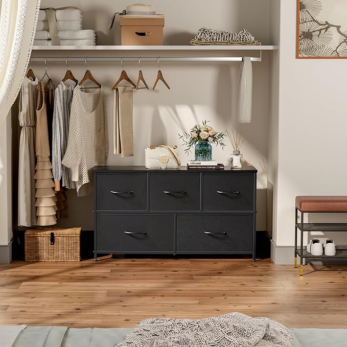 DUMOS Dresser for Bedroom, 5 Storage Drawers, Wide Fabric Closet Chests Organizer Tower Furniture with Wooden Top Metal Frame for Clothes, Guest Room, Living Room, Hallway, Entryway