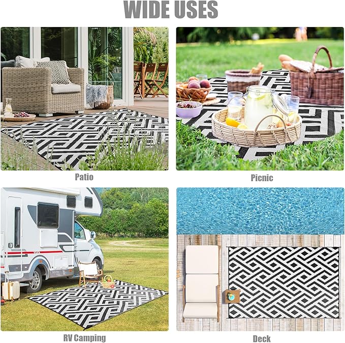 Terrug Outdoor Rug Waterproof 6x9 Ft, Foldable Outdoor Plastic Straw Rug, UV Reversible Patio Rug Decor, Outdoor Area Rug for Camping, RV, Porch, Deck, Backyard, Balcony, Picnic, Black & Light Grey