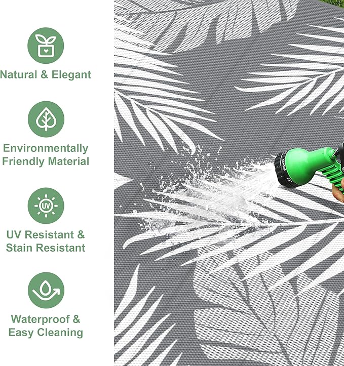 Outdoor Rug 4’x6’ Waterproof for Patio Clearance, Reversible Indoor Outdoor Plastic Straw Camping Rug Carpet, RV Mat, Large Area Rug for Deck, Backyard, Balcony, Porch, Beach, Grey & White