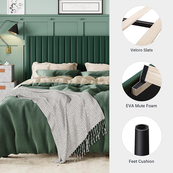 Allewie Queen Bed Frame, Velvet Upholstered Platform Bed with Adjustable Vertical Channel Tufted Headboard, Mattress Foundation with Strong Wooden Slats, Box Spring Optional, Easy Assembly, Green