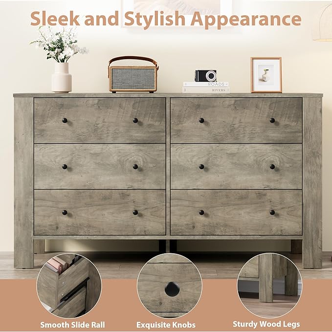 GarveeHome Grey 6 Drawer Dresser for Bedroom, Modern Wide Dresser Organizer with Storage Drawers, Wooden Chests of Drawers for Bedroom, Entryway, Hallway, Home Office